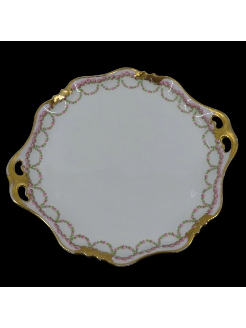 GOA Limoges Double Handle Plate 9.75in x 8.9in Pink Rose Floral Flower Swag Gold